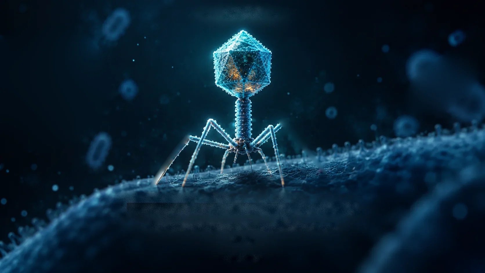 A bacteriophage with a glowing icosahedral capsid, ribbed tail and long jointed tail fibres, standing on the surface of a bacterium in a dark microscopic landscape.